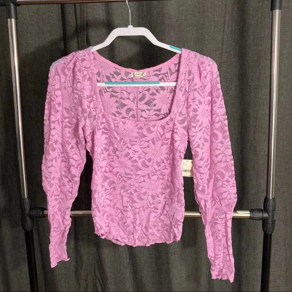 Revolve X Free People Long Distance Layering Long Sleeve Sheer Lace Top Pink NWT